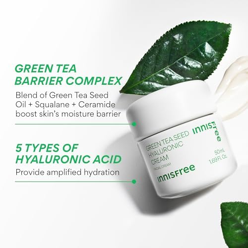 innisfree Green Tea Seed Hyaluronic Acid Cream with Barrier Boosting Complex & Ceramide, Hydrating Korean Face Moisturizer and Balancing Cream