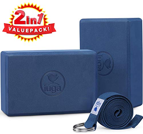 IUGA Yoga Block (2PC) 9″x6″x3″ with Metal D-Ring Yoga Strap, High Density Yoga Brick to Improve Strength, Flexibility and Balance, Light Weight and Non-Slip Surface for Yoga, Pilates and Meditation
