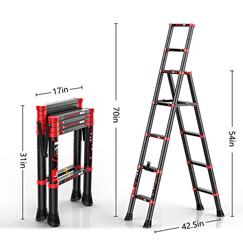 charaHOME 5+7 Step Ladders Telescopic Ladder with Aluminum 6 ft Tall Extendable Retractable Compact and Multi Position Ladder Telescoping Lightweight Portable Ladder Height-Locking Latches A-Frame - Thumbnail 2