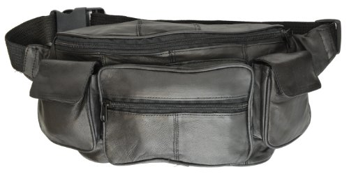 New Large Genuine Leather Waist Bag Fanny Pack with Two Cell Phone Pockets and Six Exterior Pockets
