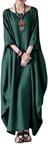 流行 Vonda レディース 無地 リネン ワンピース 七分袖 ロングワンピ 大きいサイズ ナチュラル ゆったり シンプル