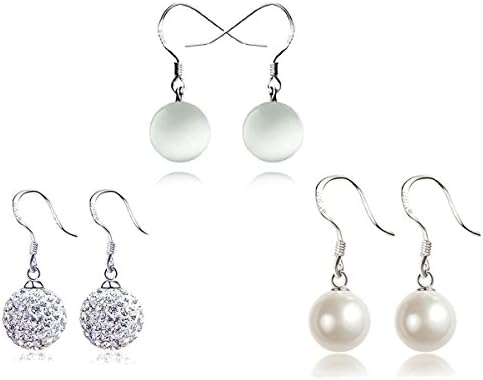 Injoy Jewelry 3 Pairs Women Faux Pearl, Crystal Ball, Synthetic Cat Eye Stone Ball Dangle Earrings Set