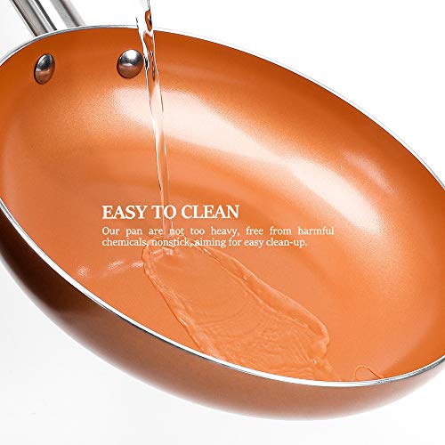 SHINEURI 3 Pieces Nonstick Ceramic Copper Pan Set - 12 Inch Woks and Stir Fry Pans with Lid, 9.5 Inch Round Frying Pan Saute Pan with Stainless Steel Handle for Induction, Gas, Electric & Stovetops - Thumbnail 7
