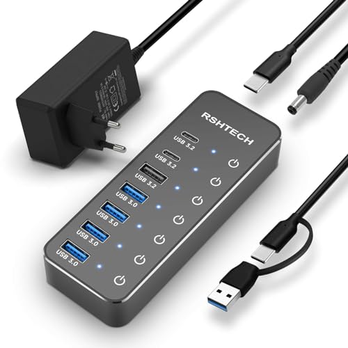 USB 3.2 Hub Powered, RSHTECH 7-Port USB 3.2/C Hub with 3*10Gbps Data Ports (USB-A, 2*USB-C), 4*5Gbps USB 3.0 Ports, Touch Switch, 2-in-1 Data Cable, 15W(5V/3A), RSH-ST07C