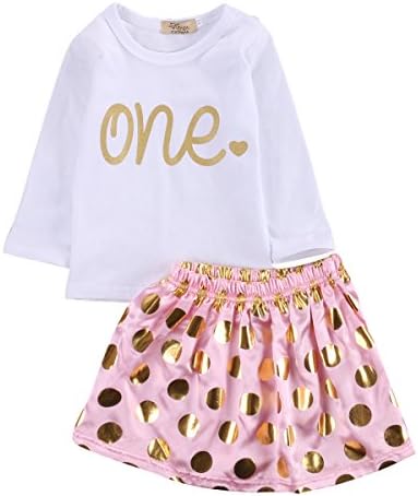 Infant Baby Girl 2pcs Dress Suit One Print Long Sleeve Top and Gold Dot Pink Dress (6-12months, White)