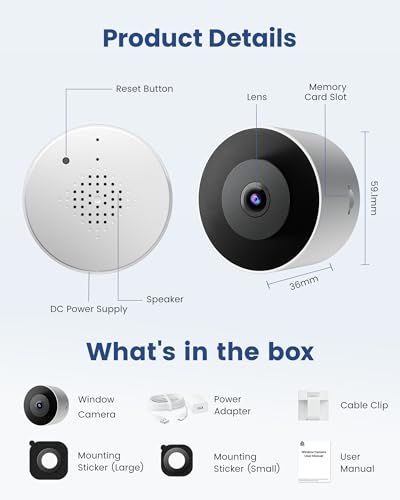 AKINGUAR 2K 3MP Window Camera, 3MP Indoor WiFi Surveillance Camera 2.4GHz, Color Night Vision, People/Vehicle Detection, Two-Way Audio, 24/7 Recording, Easy Installation