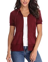 MISS MOLY Chaquetas de manga corta para mujer Basic con capucha con cremallera de punto sudadera de verano ligero abrigo