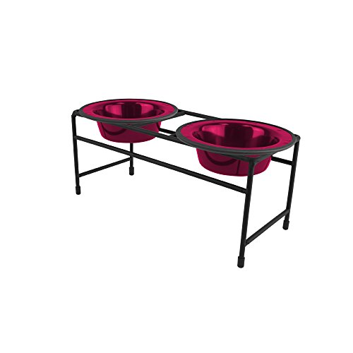 Platinum Pets Double Diner Feeder with Stainless Steel Cat Bowls, 6 oz, Raspberry