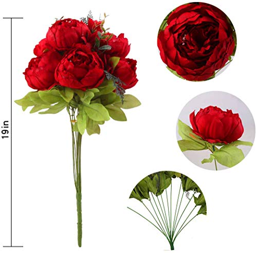 Flojery Silk Peony Bouquet Vintage Artificial Peonies Flower for Home Wedding Party Decor (1pcs,Spring Red) - Thumbnail 2