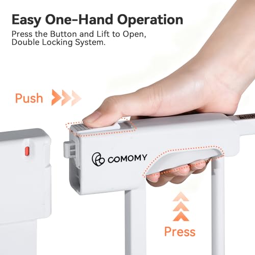 COMOMY Extendable Safety Barrier 75-103 cm, Child Safety Barrier with Automatic Closing System, 7 cm and 14 cm Extensions, White