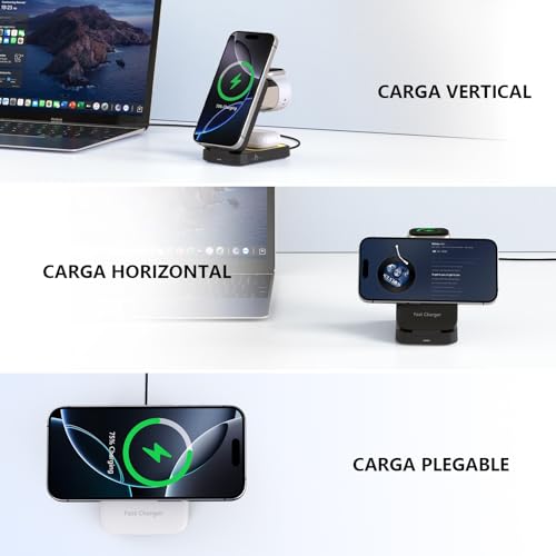Cargador Inalámbrico,3 en 1 Estación de Carga para iPhone 17 16 15 14 13 12 Pro Max Apple Watch y AirPods,15W Cargador Rápido para iPhone,Luz,33W Adaptador,Regalos para Hombre Mujer (Negro-1)