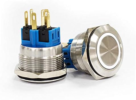 CNFILN FLM25-FJ-EX-SZ 25mm Stainless Steel LED 12V 220V Blue Green Red Momentary Latching 1NO 1NC SPDT Push Button Switch (Latching, White)