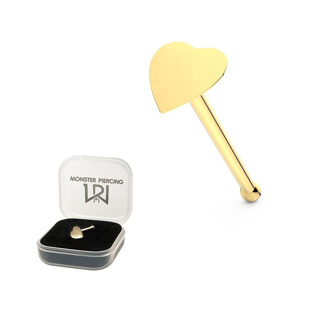 AZARIO LONDON 9K Solid Yellow Gold Plain Flat Heart 22 Gauge Nose Bone Nose Stud Piercing Jewellery - Secure Grip Nose Stud Nose Piercing Jewellery for Women Men