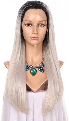 Addcolo Ombre Grey Synthetic Lace Front Wigs Natural Hairline Pre Plucked Synthetic Wig Lace Front Replacement Full Wig for Black Women Dark Roots 2 Tones Silver Gray (1B/Gray)