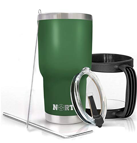 Army Green North Stainless Steel Vacuum Insulated 5-Piece Tumbler Set, 30 oz, Travel Mug For Home, Office, School – Like Yeti Tumbler For Ice Drink & Hot Beverage (Army Green Stainless Steel Mug)