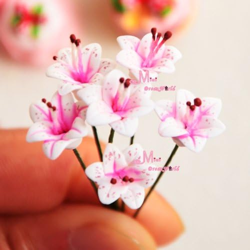 LOT OF 6PCS Pink LILY 1/12 Dollhouse Miniature Handcraft Clay flower by Minidreamworld