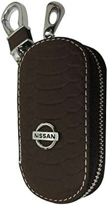 New 1pcs Brown Leather Oval Shape Car Key Wallet Zipper Case Keychain Coin Holder Metal Hook Bag Collection For Nissan Car Vehicle Auto Lover