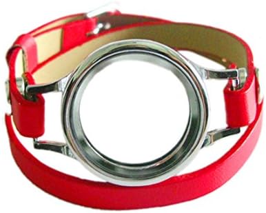 Generic Multi-color Plain Twist Threaded Watch Locket with 8mm PU Leather Wrap Bracelet Living Memory Floating Charm Locket DIY Jewelry (plain locket with red wrap)