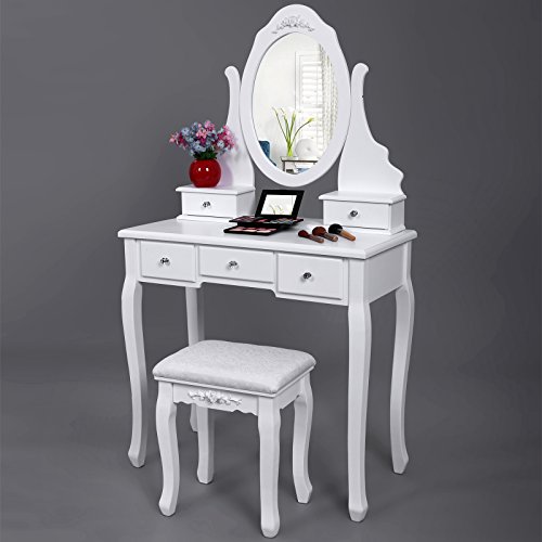 Songmics Vanity Set With Mirror And Stool Make Up Dressing Table 5 Drawers With 2 Dividers White Urdt09w