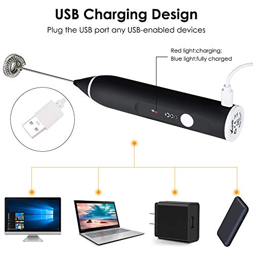 EZCO Milk Frother Handheld Electric USB Charging Drink Mixer Foam Maker for Coffee, Latter, Hot Chocolates with Egg Beater/Coffee Needle/Stencils, Black