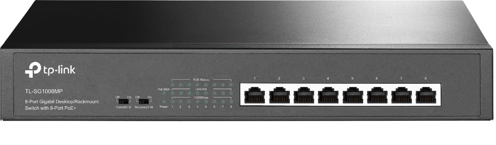 TP-Link PoE Switch (TL-SG1008MP V2) 8 Gigabit ports, 8 PoE+ ports, 153W for all PoE ports, Metal housing, Easy installation, ideal for creating a versatile and reliable surveillance network
