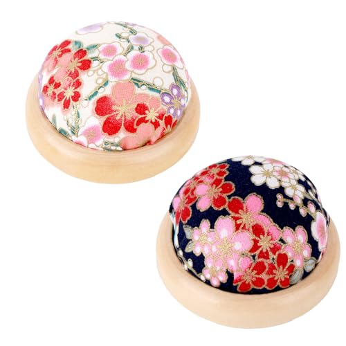 2pcs Sewing Pin Cushions, Japanese Flower Pincushion Round Needle Holders with Wooden Base Cotton Floral Pincushions Sewing Wrist for Quilting DIY Crafts Needlework Art Projects