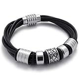 KONOV Black Leather Biker Mens Bracelet Magnetic Stainless Steel Clasp - 8