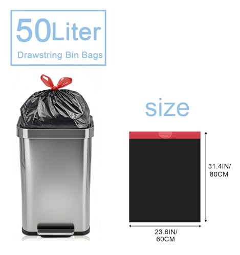 XIYOO Heavy-Duty Black Bin Bags 50L Bin Liners with Drawstring Handles 40 Count Swing Rubbish Bags Kitchen Trash Bags Waste Sacks fit 45-60L