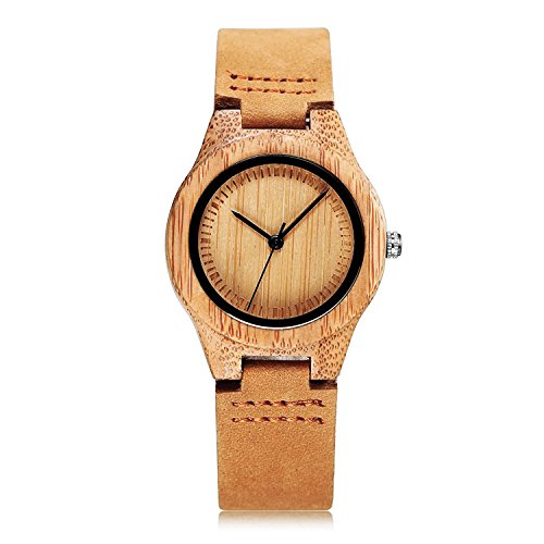 CUCOL Womens Wooden Bamboo Watches Leather Strap with Gift Box