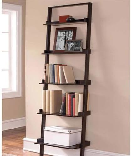 Ladder 5-Shelf Storage Rack Espresso Bookcase Wood Leaning Tier Bookshelf