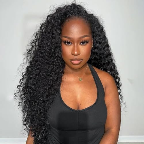 Brazilian Half Wig Human Hair 200 Density 3 in 1 Seamless Flip Over Wig Women's Natural Hair Human Hair Deep Wave Glueless Headband Wig with Drawstring Beginner Friendly 28 Inches