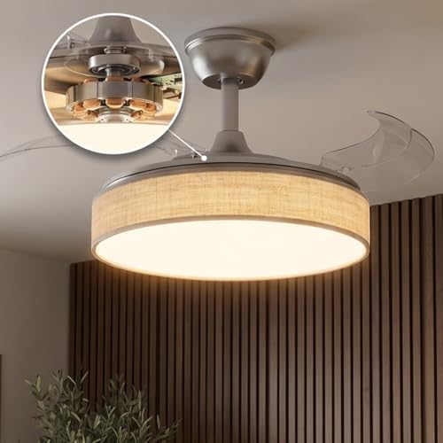 EnergySilence Aero 4222 Ventilador de Teto Têxtil Invisível com Luz e 3 lâminas retráteis. 30W, motor DC, diâmetro 42", 3 tons LED, botão, 6 velocidades, temporizador, design em tecido