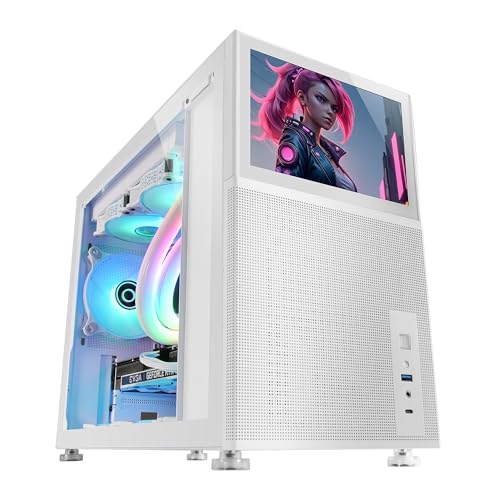 Mars Gaming MC-LCD, Kompaktes Micro-ATX PC-Gehaeuse, 8 IPS LCD-Display, Seitliches, Oberes und Vorderes Mesh-Gitter, Seitenfenster Gehaertetem Glas, Mini-Tower Gaming Modularem Panel-Design, Weiss