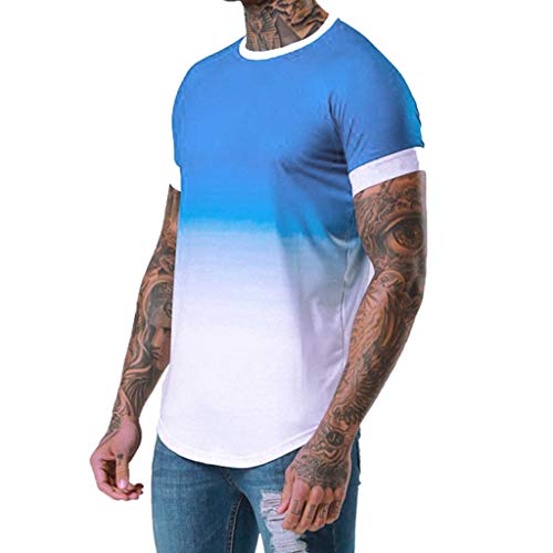 iYBUIA Summer Men's Patchwork Graduated Short Sleeved T-Shirt Top Blouse Blue