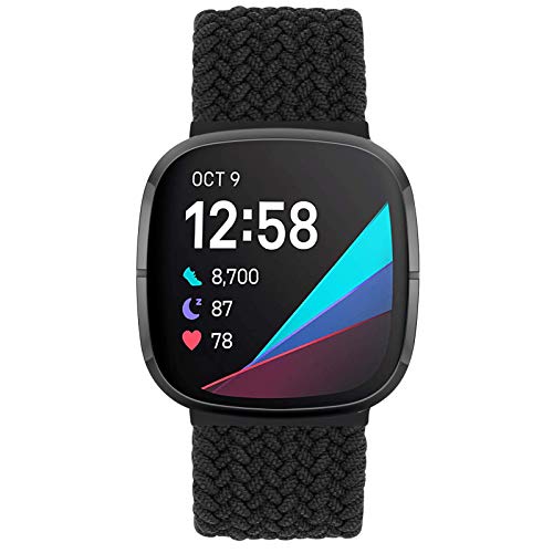 Unnite Adjustable Braided Elastic Solo Loop Band Compatible with Fitbit Versa 3/Fitbit Sense Sport Loop Straps Nylon Woven Stretchy Replacement Watch Bands for Women Men (#4, Black)