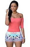 Kearia Womens Sexy Off Shoulder Paisley Print Boho Beach Shorts Rompers Jumpsuit