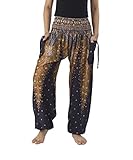 Lannaclothesdesign Women's Smocked Peacock Pants Comfortable Thai Pants Regular Black