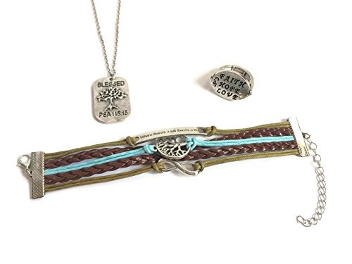 Women's Religious Jewelry Set Bundle: Three Items: One Necklace, One Adjustable Ring, Plus One Bracelet