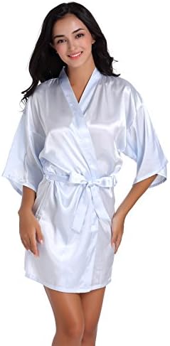 SIMJOY Women's Satin Short Kimono Robe Plain Dressing Gown Bathrobe Bridal Party Robe, Light Blue, X-Large