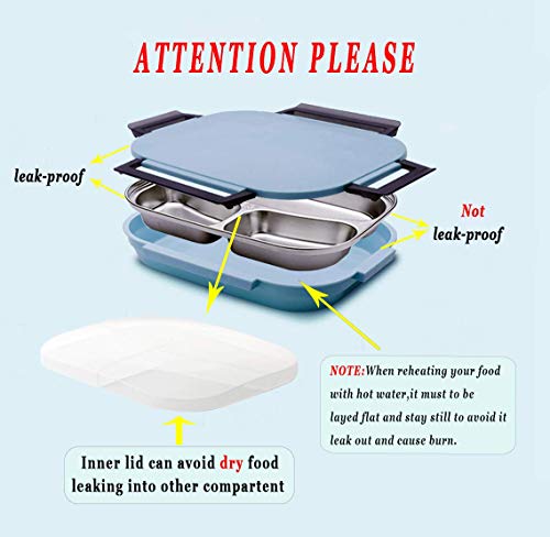 Bento Style Lunch Box for Adult teens, Removble 3 Compartments Stainless Steel Tray,On-the-Go Meal Dishwasher Safe,BPA-Free&Food-Safe Materials Reheat Storage Container Blue by ROYDOM ... - Thumbnail 2