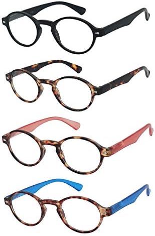 Reading Glasses 4 Pack Spring Hinge Keyhole Bridge Readers for Men and Women Fashion Glasses for Reading - Choose Your Magnification (Black, Tortoise Brown, Red and Blue, 2.00 Strength)