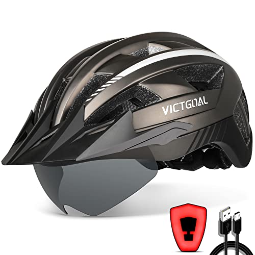 Photo 1 of VICTGOAL Bike Helmet with USB Rechargeable Rear Light Detachable Magnetic Goggles Removable Sun Visor Mountain & Road Bicycle Helmets for Men Women Adult Cycling Helmets (L: 57-61 cm, Ti)