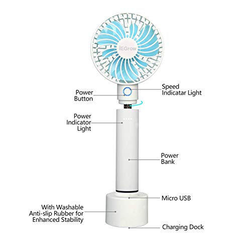 iEGrow Battery Multi-Functional Mini Handheld Fan, White