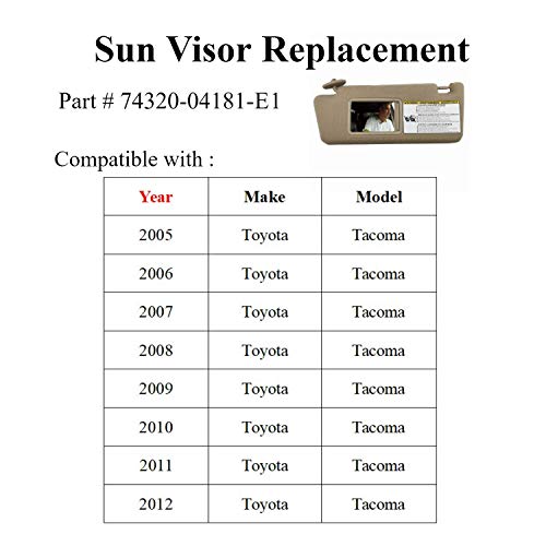 SAILEAD Left Driver Side Sun Visor for Toyota Tacoma 2005 2006 2007 2008 2009 2010 2011 2012 Visor Assembly Without Light 74320-04181-B1 (Sand Beige)