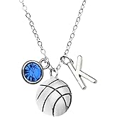 Personalized Basketball Necklace with Letter & Birthstone Charm, Basketball Jewelry, Gift for Players & Teams