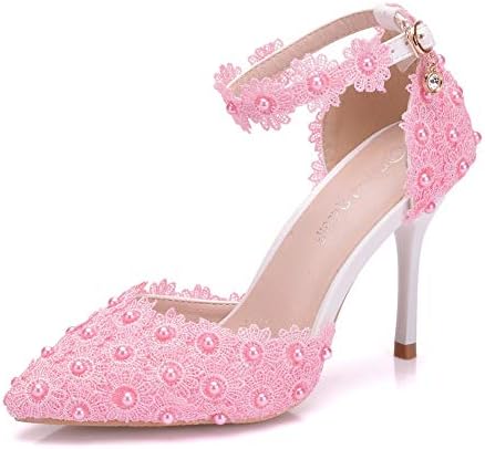 Women High Heels Sandals White Lace Pearls Wedding Shoes Pointed Toe Bridal Shoes