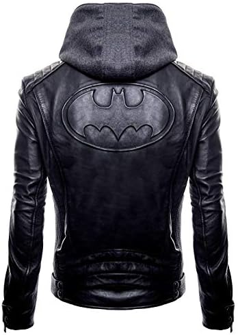 Batman Logo Motorcycle Brando Biker Real Leather Hoodie Jacket - Leather Hoodie Black