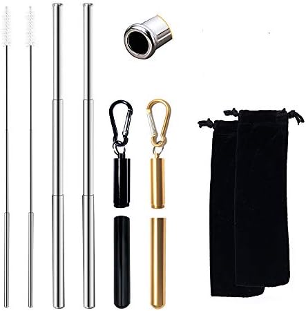Momou Telescopic Reusable Straws 2 Pack Stainless Steel Drinking Straws with Case Cleaning Brush Carabiner Black + Gold