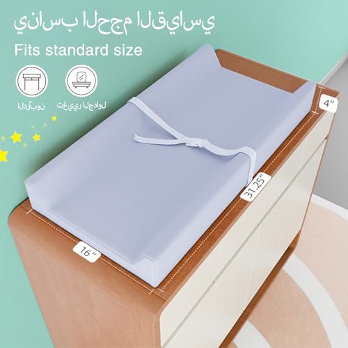 Baby Changing Pad, PU Waterproof Diaper Changing Mat with Safety Strap, وسادة تغيير حفاضات الأطفال Portable Diaper Changing Pad, Breathable Contoured Changing Table Pads for Infant, 31.25"X16", Blue
