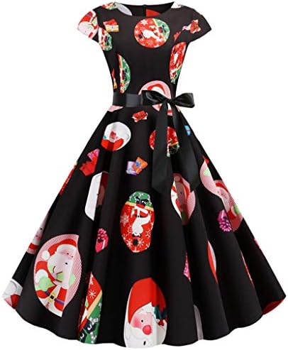 piabigka Womens Christmas Dresses Short Sleeve A-Line Vintage Xmas Dress Snowman Santa Retro 1950s Housewife Cocktail Prom Party Dress with Bowknot